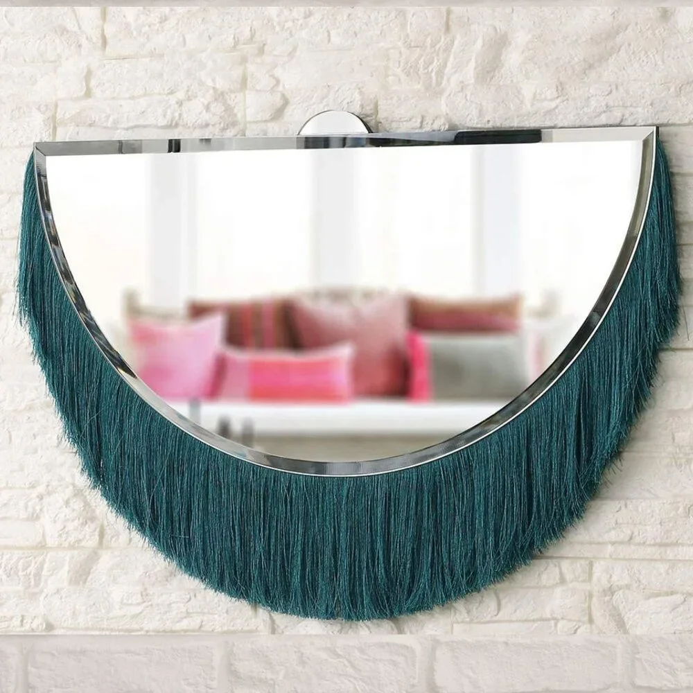 Unique NEW IN BOX Gorgeous Boho Mod Teal Fringe Half Moon Beveled Wall Mirror